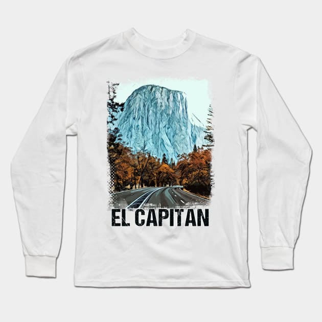 El Capitan Yosemite National Park Vintage Retro Art Style Mountain Summit Long Sleeve T-Shirt by Naumovski